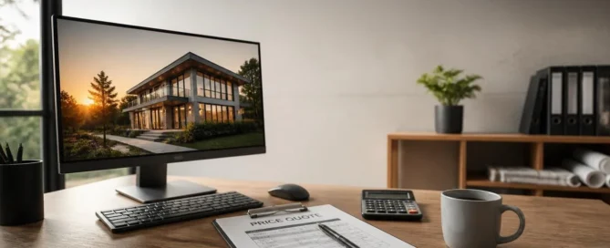 Architect's desk with a 3D architectural rendering on screen and a printed price quote, representing 3D rendering pricing and cost breakdown