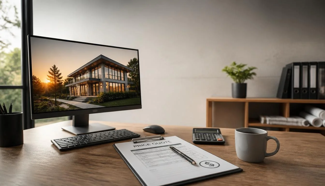 Architect's desk with a 3D architectural rendering on screen and a printed price quote, representing 3D rendering pricing and cost breakdown