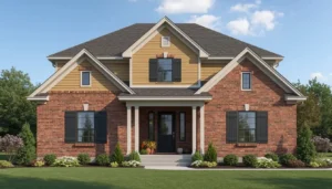 3D elevation rendering showing brick, stucco, and wood siding materials on a home's front facade