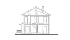 Architectural section drawing showing a building's interior structure and floor heights