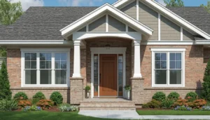 Close-up 3D rendering of a home's front entrance, windows, and roofline