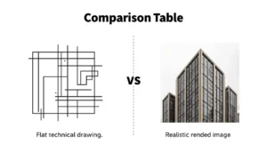 Comparison graphic of 2D elevation drawing versus 3D elevation rendering