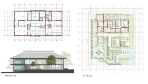 Floor plan, elevation, section, and site plan drawings shown together for one building