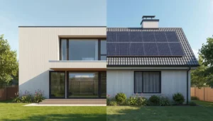 Comparison of passive house versus net-zero home showing envelope airtightness vs solar panel array