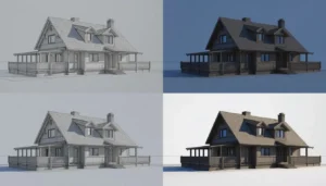 Step-by-step 3D elevation rendering process from wireframe model to photorealistic image