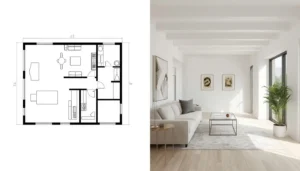 Side-by-side comparison of a flat 2D ADU blueprint and a photorealistic 3D rendering of the same design