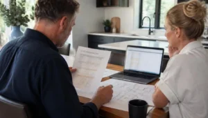 Homeowner reviewing ADU design costs and budget breakdown with an architect