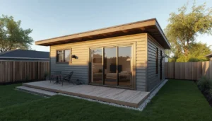 3D rendering of an ADU exterior designed to match the materials and style of the main house