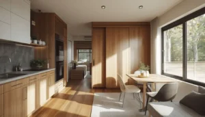 3D interior rendering of an efficient open studio ADU layout with kitchen, living, and sleeping zones