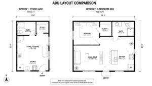 Comparison of ADU sizes showing a compact studio layout next to a larger one-bedroom floor plan