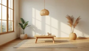 Simple affordable Japandi makeover using warm lighting, decluttering, and a natural wood anchor piece