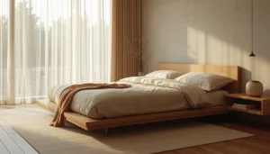 Cozy Japandi bedroom combining Japanese wabi-sabi simplicity with Scandinavian hygge comfort
