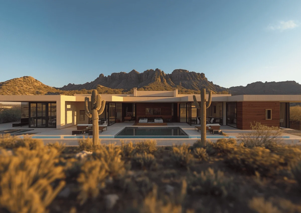 Photorealistic 3D rendering of a modern Arizona desert home at golden hour with mountain backdrop