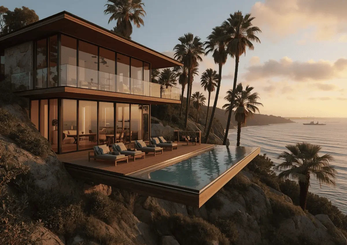 Photorealistic 3D rendering of a modern California hillside home overlooking the coastline at sunset