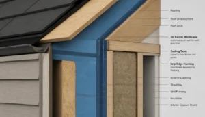 Continuous air barrier detail at wall-to-roof junction preventing thermal bridging and air leakage