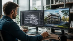 Architect using a live rendering plugin inside CAD software to view real-time design changes