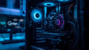 Close-up of a graphics card inside a workstation used for real-time architectural rendering
