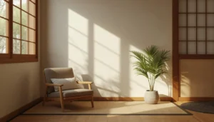 Calm decluttered Japandi reading nook designed to reduce visual stress and improve focus