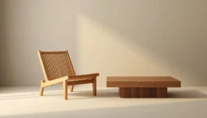 Japandi style low wooden furniture featuring a slatted oak chair and platform table