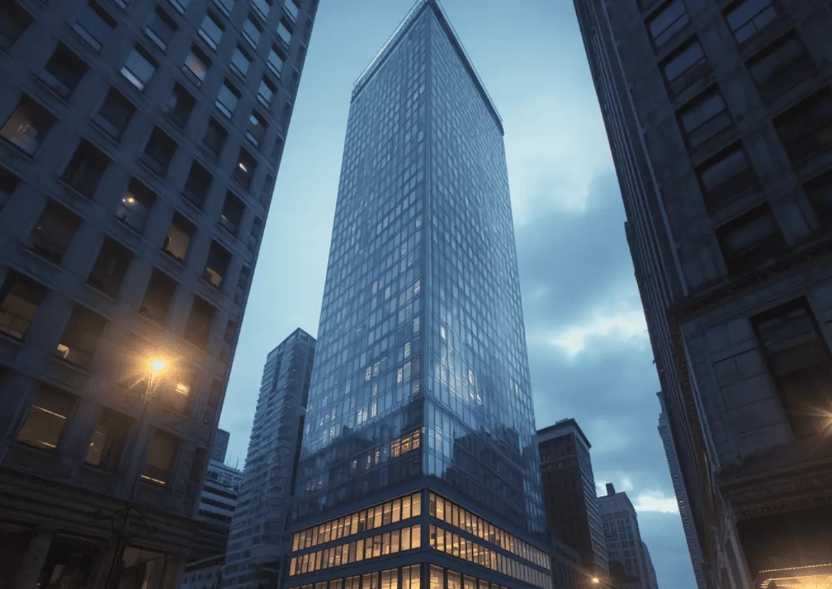 Photorealistic 3D rendering of a modern Manhattan condo tower designed for New York's dense urban skyline