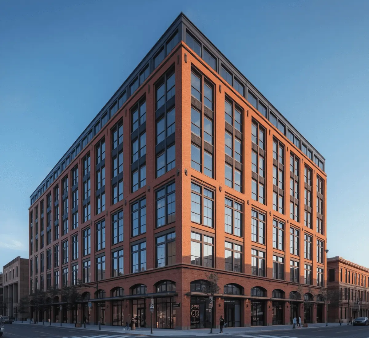 Photorealistic 3D rendering of a modern Ohio building exterior showing the state's mix of historic and industrial development