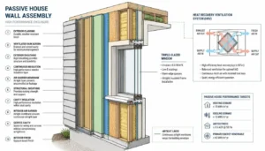 Passive house building envelope diagram showing superinsulation, airtight layer, and heat-recovery ventilation