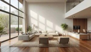 Photorealistic interior architectural rendering showing soft natural lighting produced by real-time path tracing