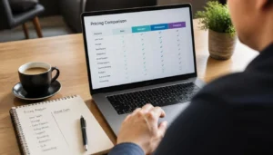 Architect reviewing pricing and licensing costs for rendering software on a laptop