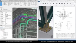 Revit multidisciplinary BIM coordination model shown next to Tekla structural fabrication model