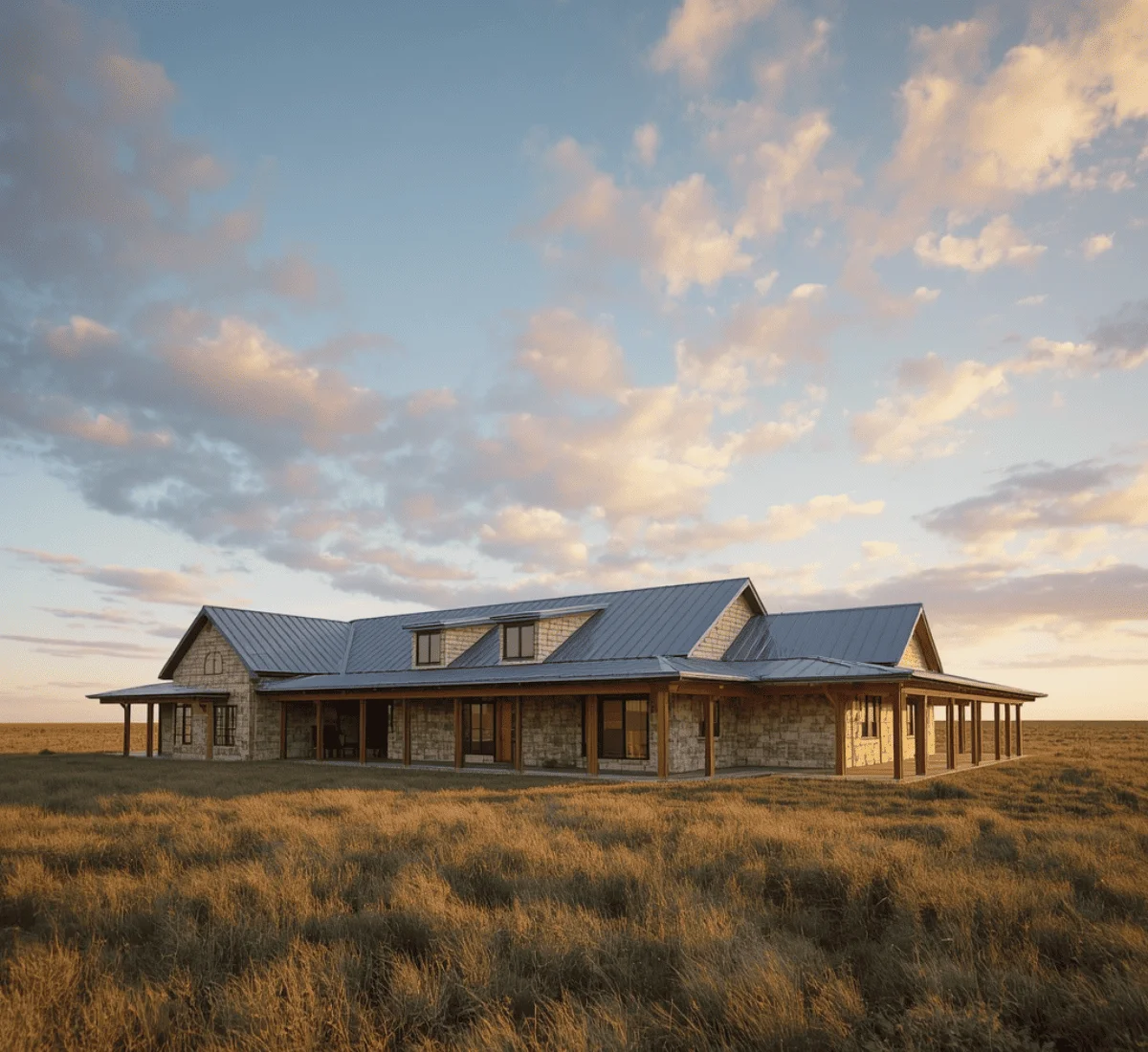 Photorealistic 3D rendering of a modern Texas Hill Country home built from local limestone under a big sky