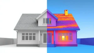 3D energy model rendering showing thermal bridge detection at window and roof junctions
