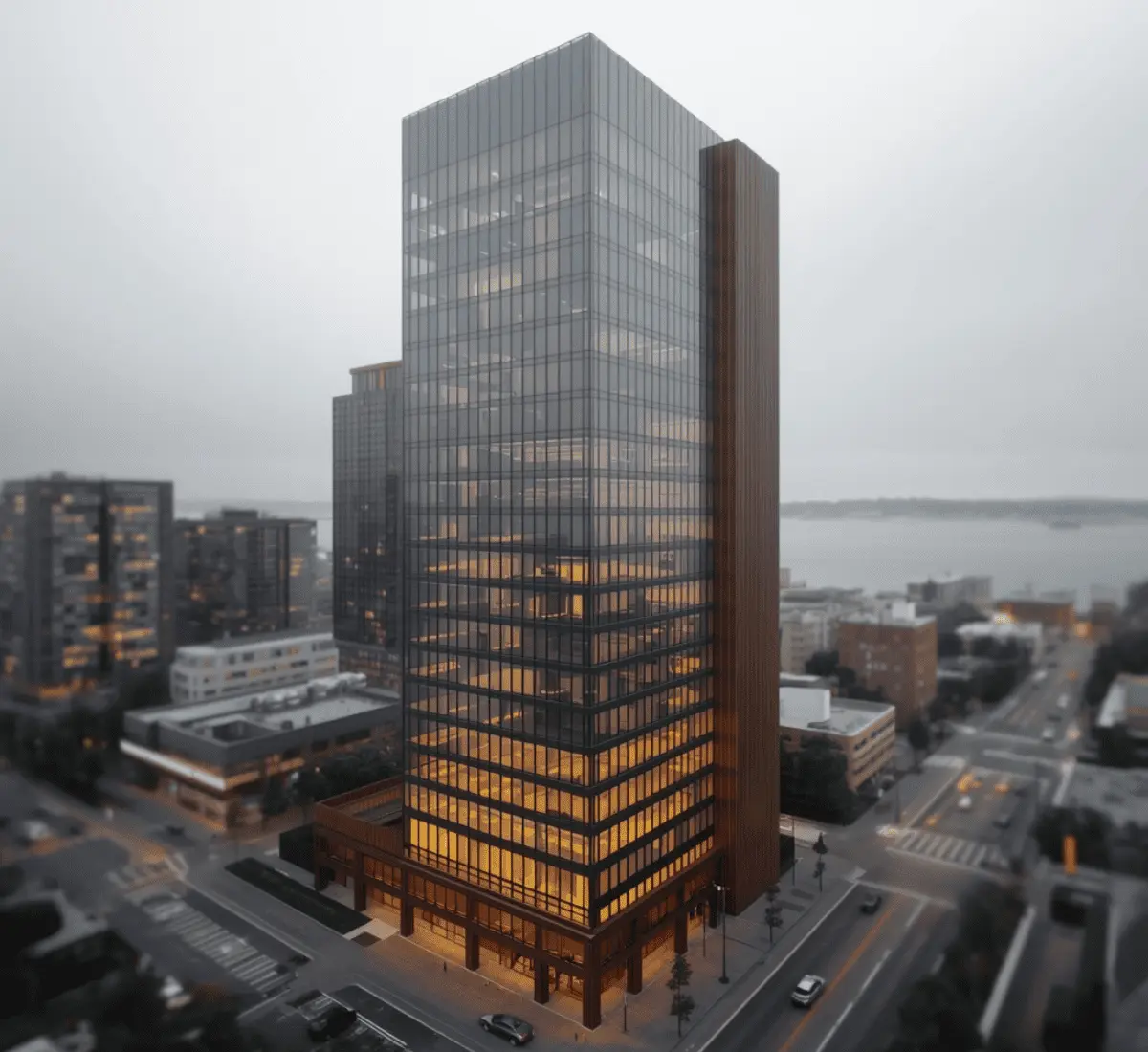 Photorealistic 3D rendering of a modern Seattle glass office tower under soft Pacific Northwest light