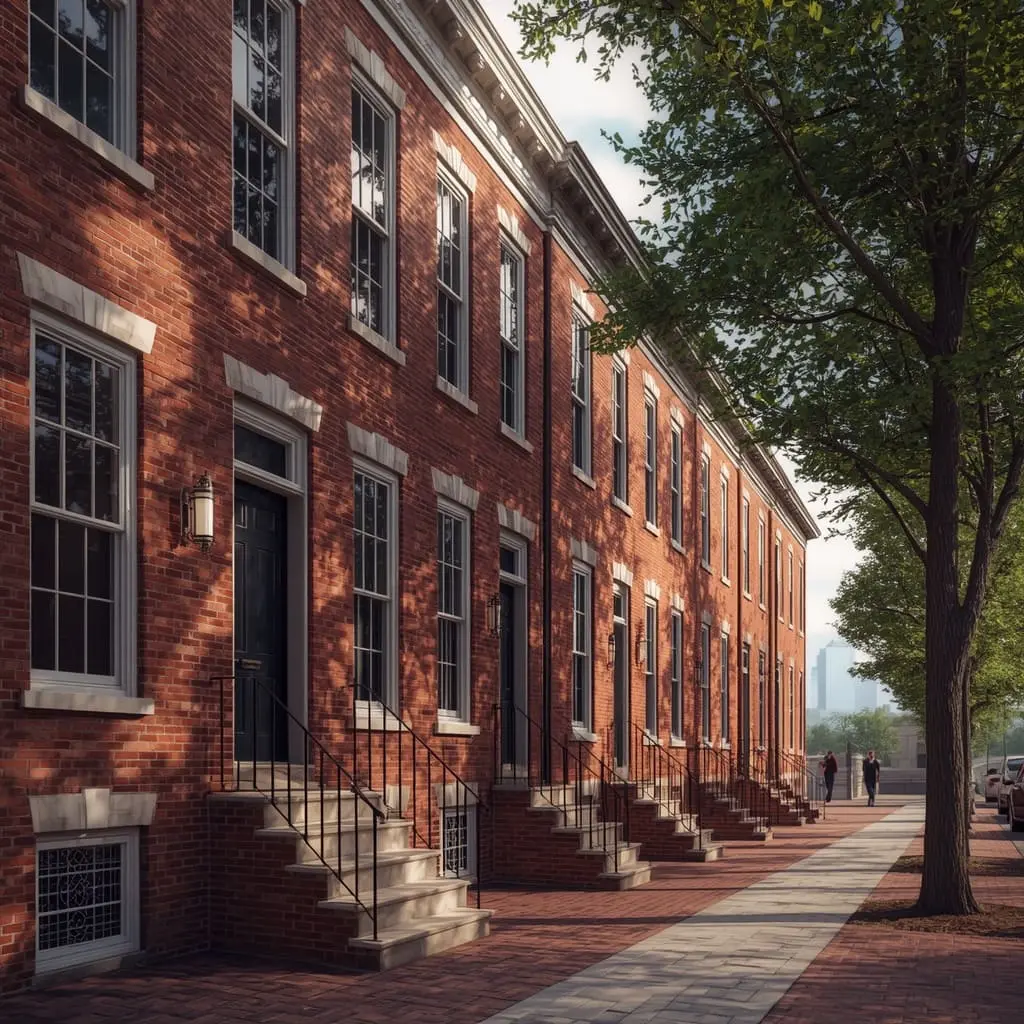 3D rendering and architectural visualization services in Pennsylvania showing a photorealistic Philadelphia rowhouse street
