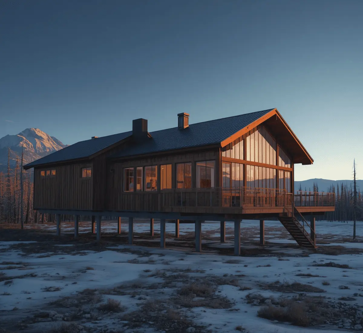 Photorealistic 3D rendering of a modern Alaska home on elevated pilings under midnight sun lighting