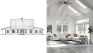 Comparison of a flat 2D blueprint and a photorealistic 3D rendering of the same barndominium design