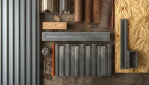 Flat lay of barndominium construction materials including metal roofing, steel beams, and wood siding