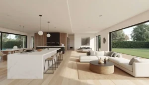 3D rendering of a one-story open layout barndominium floor plan