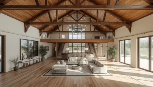 3D interior rendering of a barndominium showing tall ceilings and open steel-frame living space