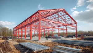 Steel kit shell under construction for a new barndominium home
