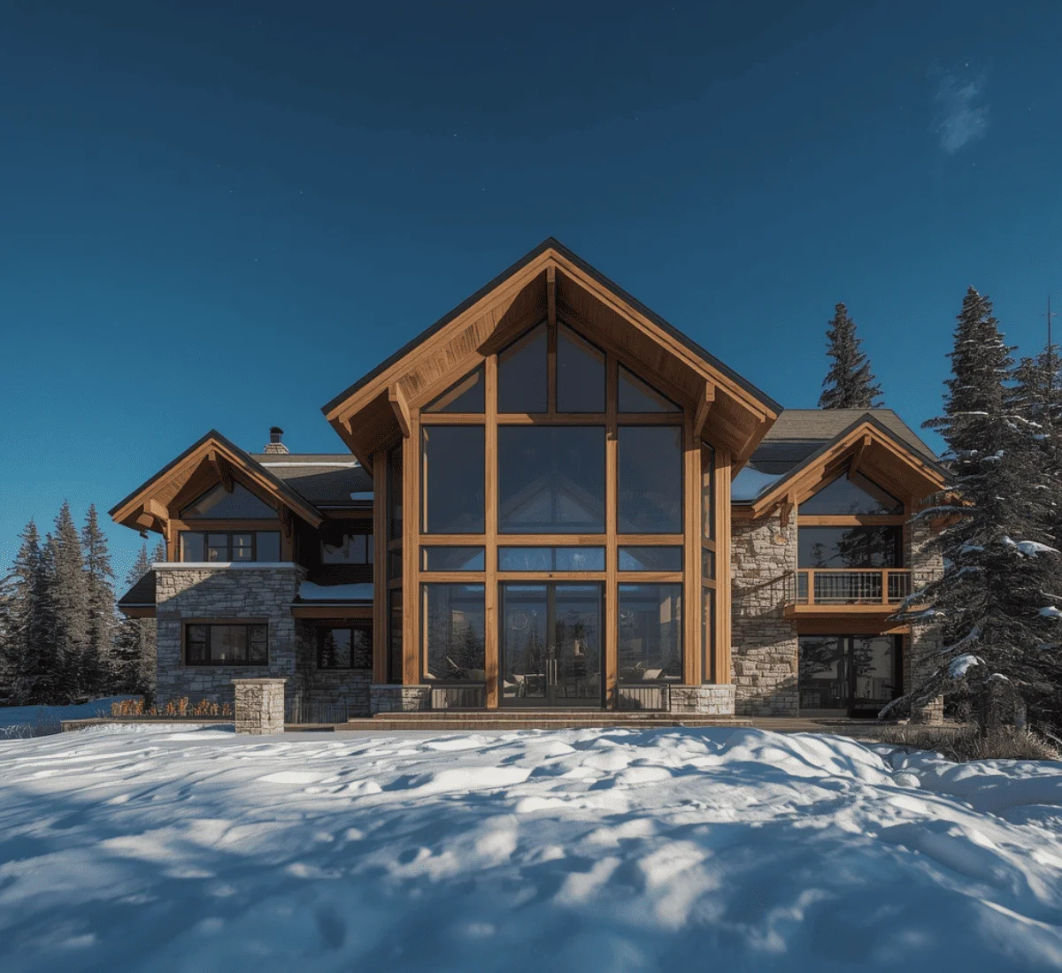 Photorealistic 3D rendering of a modern Colorado mountain home under sharp high-altitude sunlight