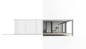 Comparison of a flat elevation drawing and a photorealistic 3D rendering of the same container home