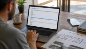 Homeowner reviewing container home cost breakdown and construction budget documents