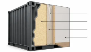 Cross-section diagram showing spray foam insulation layers inside a steel container home wall