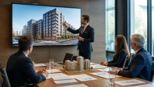 Developer presenting a 3D rendering to secure financing in a tightening multifamily construction market