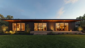 Finished modern container home exterior with landscaping after construction is complete