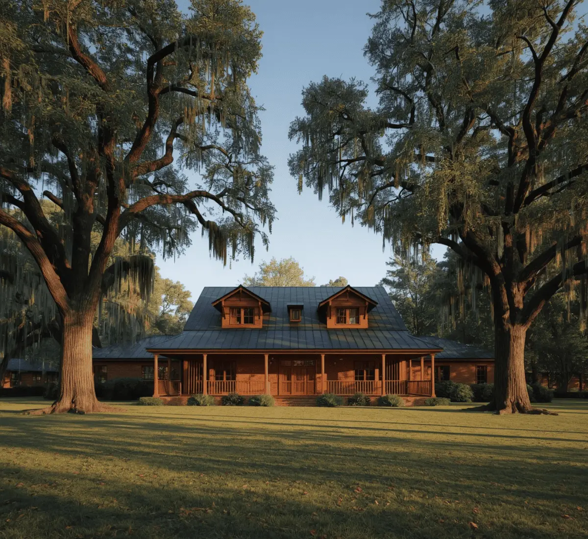 Photorealistic 3D rendering of a modern Georgia home under warm Piedmont summer light