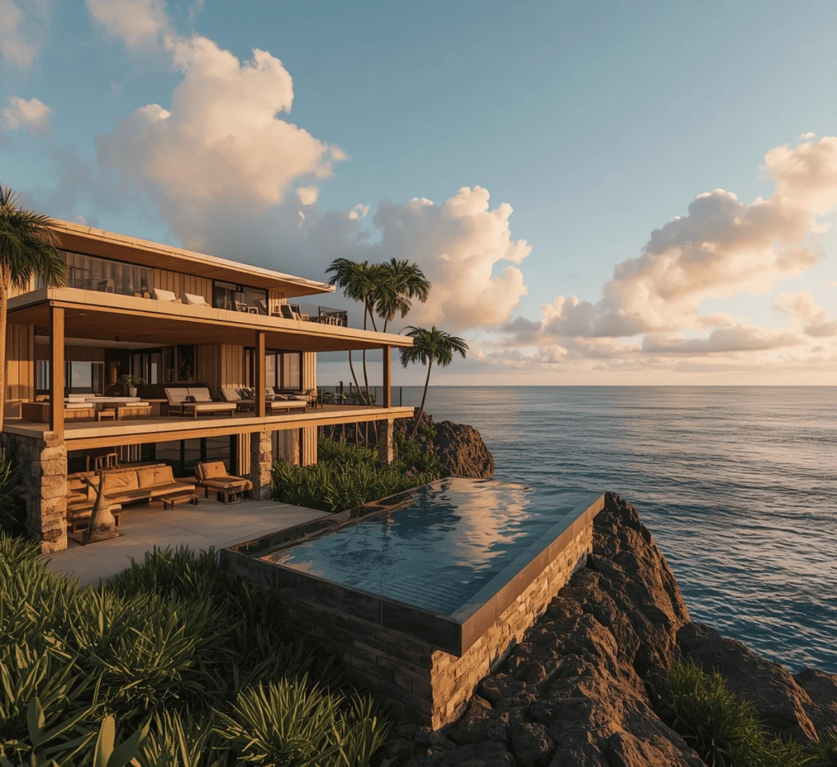 Photorealistic 3D rendering of a modern Hawaii oceanfront home under golden tropical sunset light