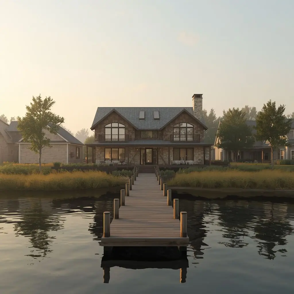 Photorealistic 3D rendering of a modern Chesapeake Bay waterfront home under humid Bay-area light