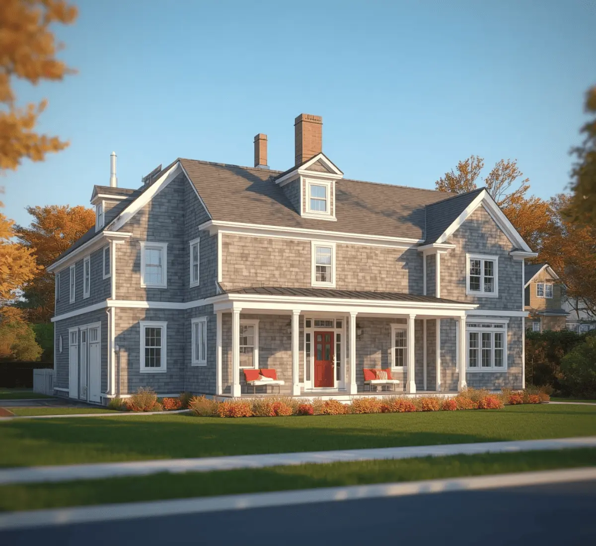 Photorealistic 3D rendering of a modern Massachusetts coastal home under crisp New England light