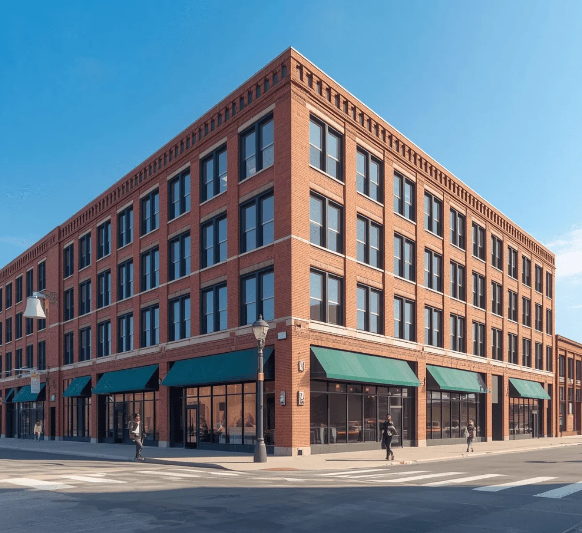 Photorealistic 3D rendering of a modern Detroit building exterior reflecting Michigan's manufacturing and adaptive reuse growth